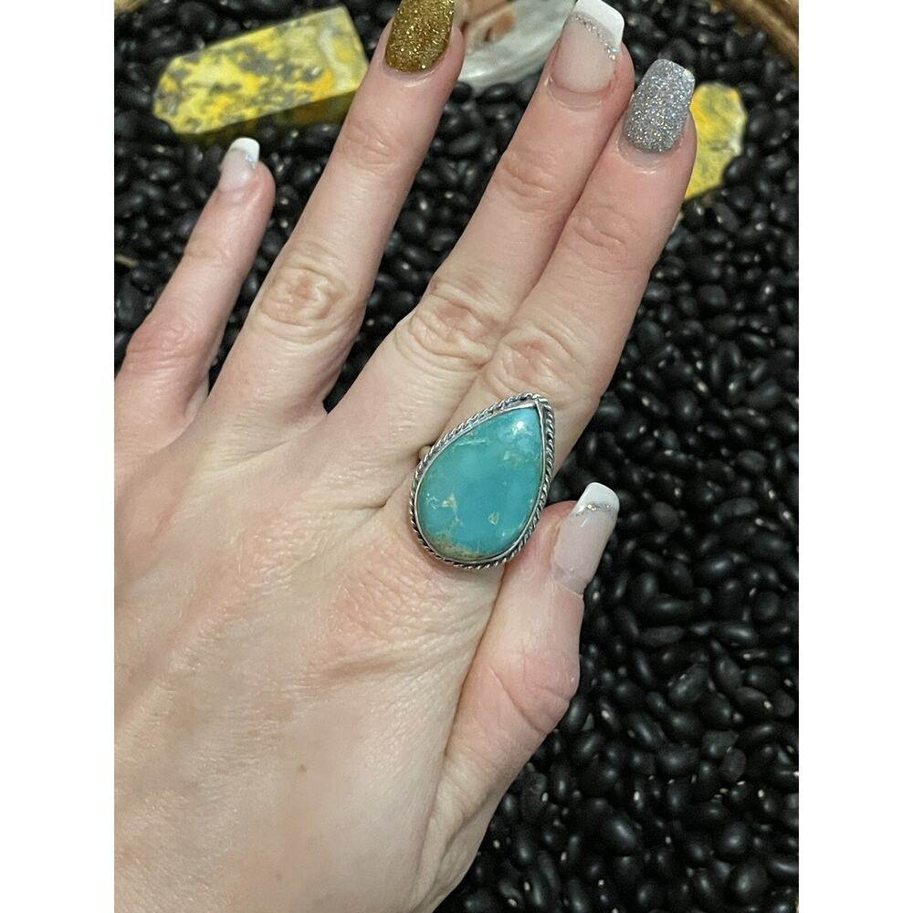 Native Sterling Silver Kenny Ray Signed Turquoise Ring~Teardrop Size 8.5